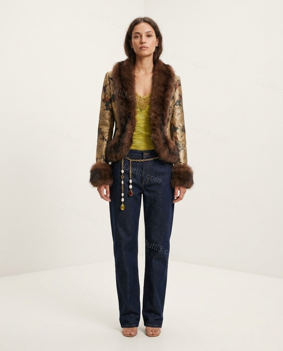 Gold Floral Faux-Fur Satin Jacket, front studio view, by Dutti3
