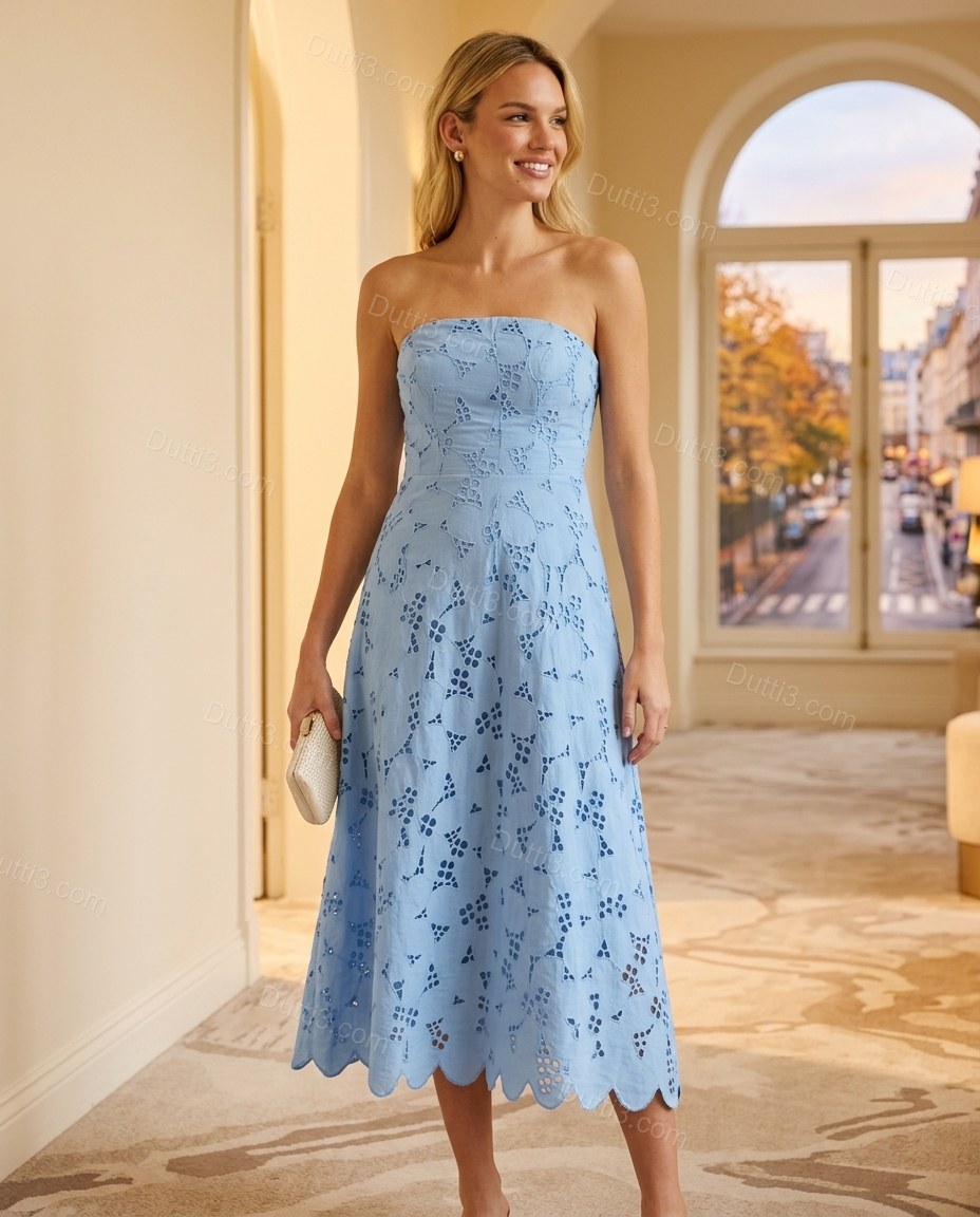 Light Blue Floral Midi Strapless Dress, full-length hero view, by Dutti3