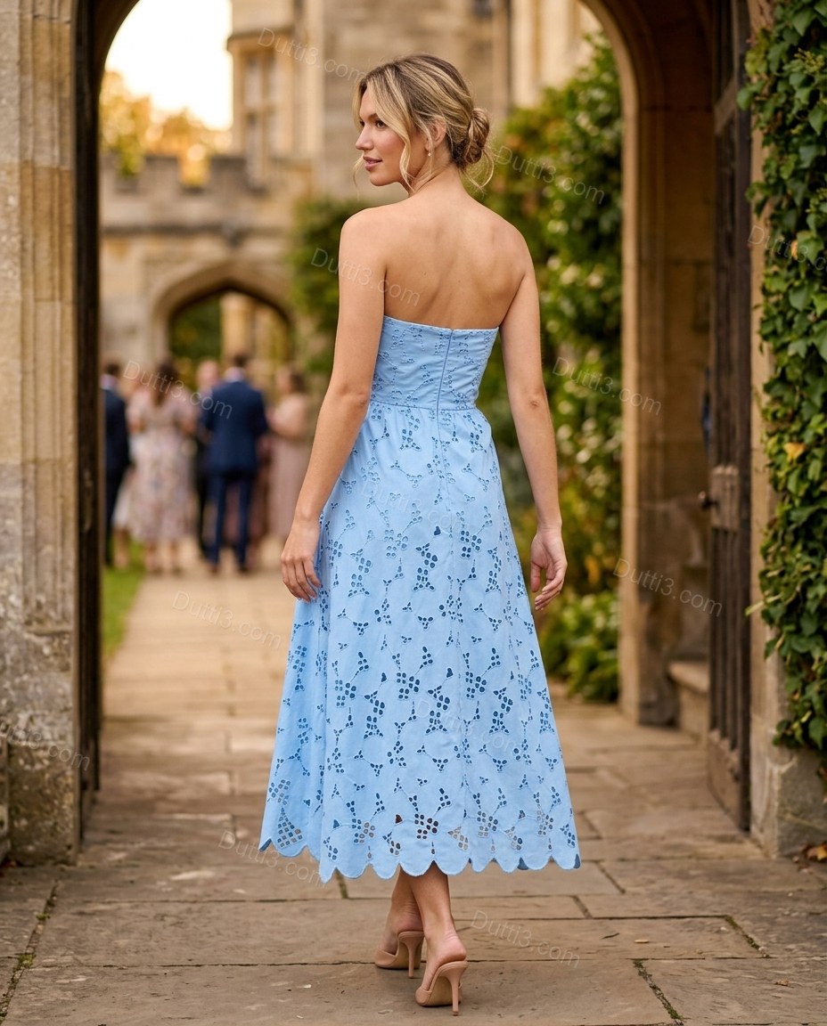Light Blue Floral Midi Strapless Dress, movement and fit lifestyle view, by Dutti3