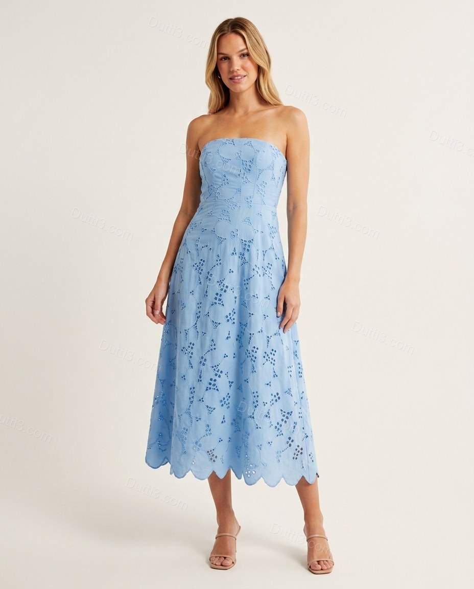 Light Blue Floral Midi Strapless Dress, front studio view, by Dutti3