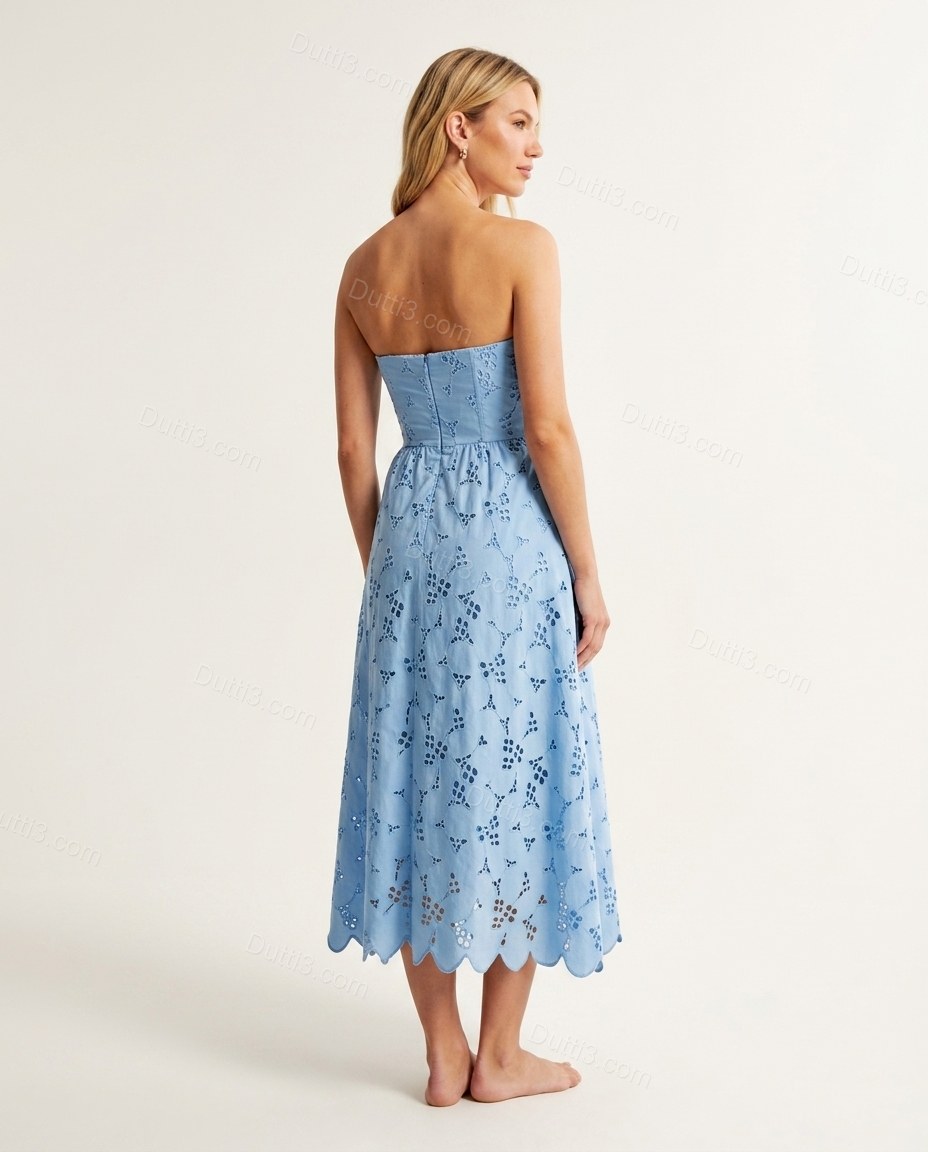 Light Blue Floral Midi Strapless Dress, back studio view showing straight back with zipper closure, by Dutti3