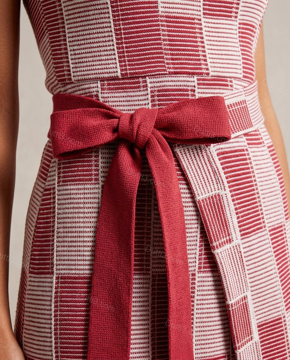 Red Maxi Dress, close-up of white accents, waist tie and decorative shoulder strap hardware, by Dutti3