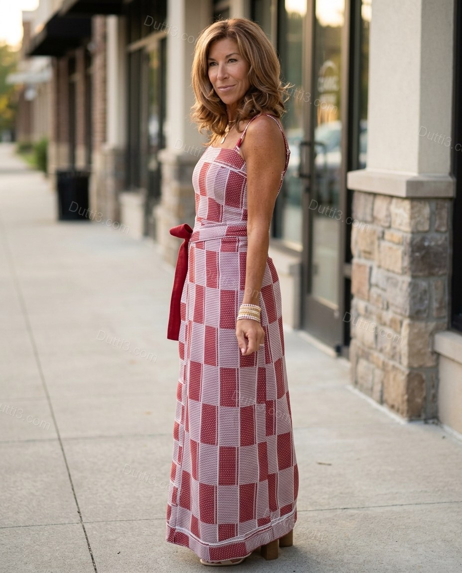 Red Maxi Dress, three-quarter brand lifestyle view, by Dutti3
