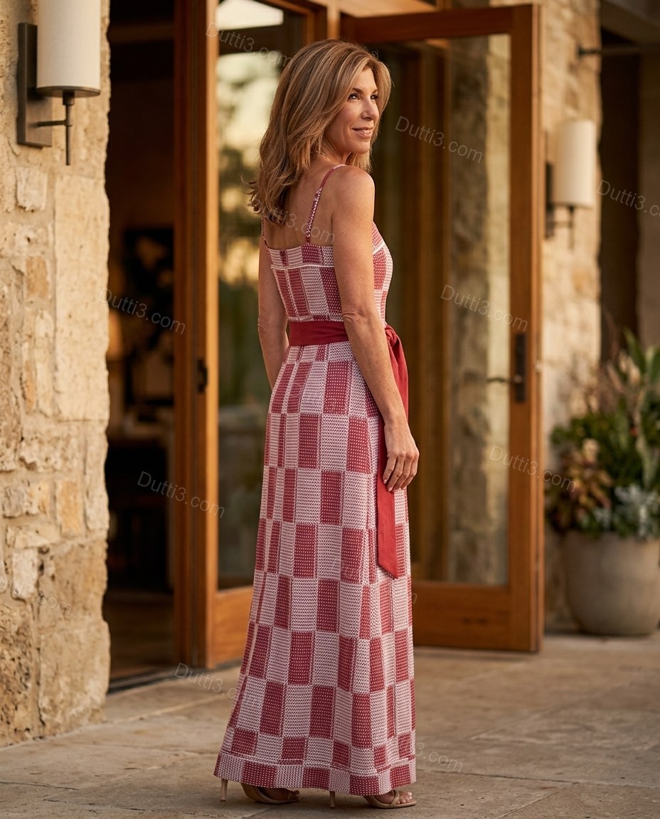 Red Maxi Dress, movement and fit lifestyle view, by Dutti3