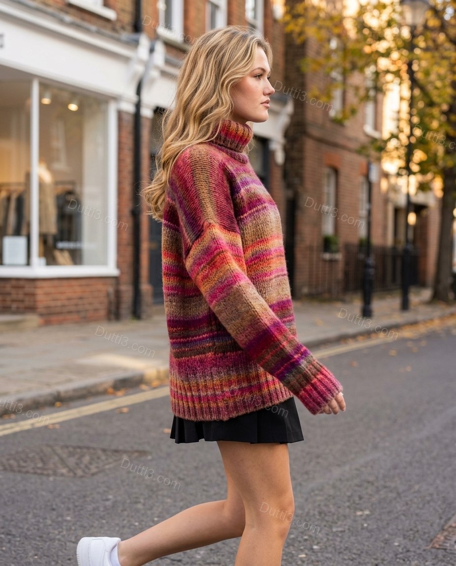 Multi-Color Striped Knit Ribbed Two-Piece Set, walking lifestyle view, by Dutti3