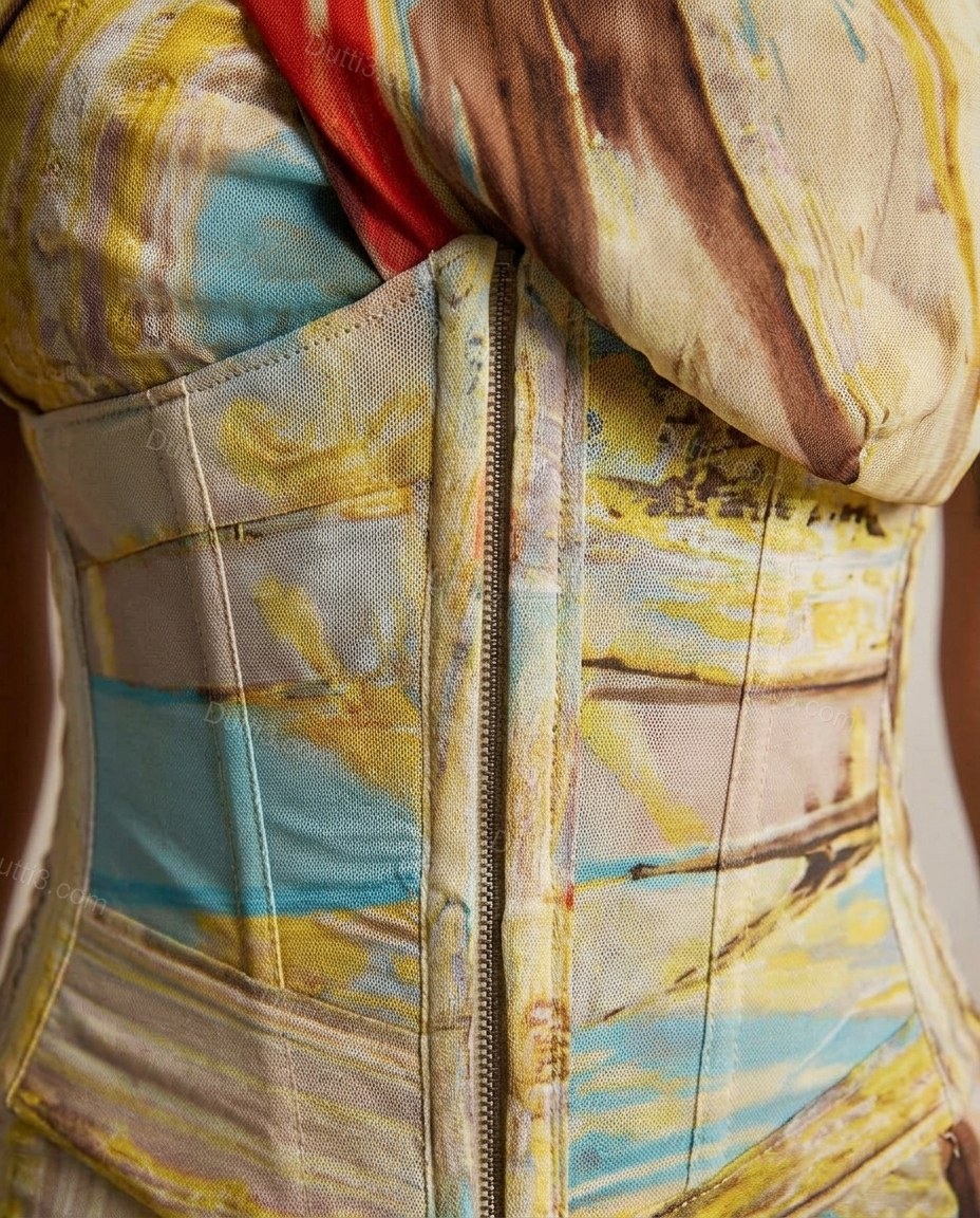 Yellow Abstract Asymmetric Lace Dress, close-up of abstract, by Dutti3