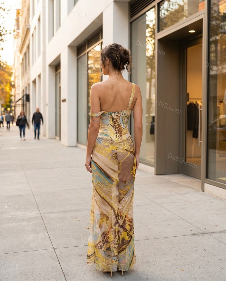 Yellow Abstract Asymmetric Lace Dress, alternate use-case lifestyle view, by Dutti3