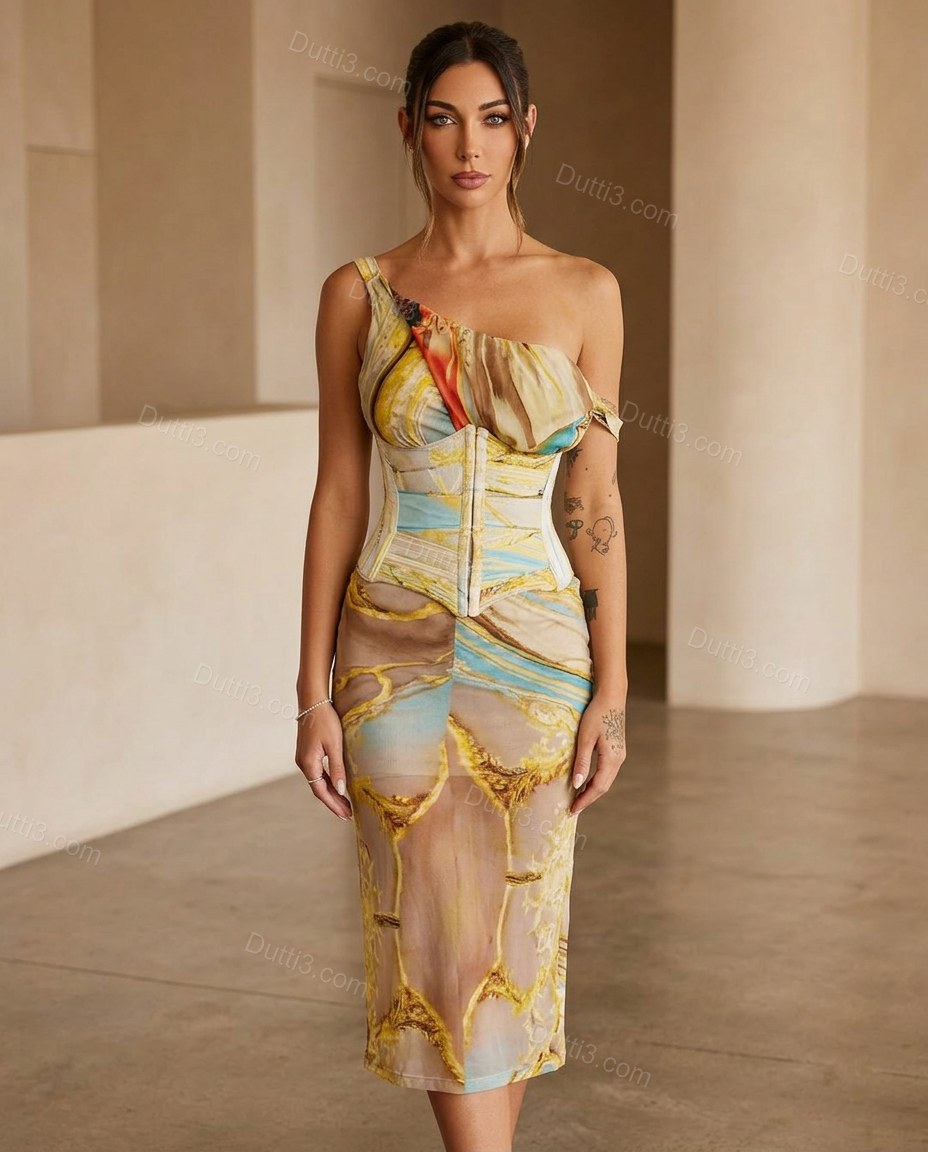 Yellow Abstract Asymmetric Lace Dress, full-length hero view, by Dutti3