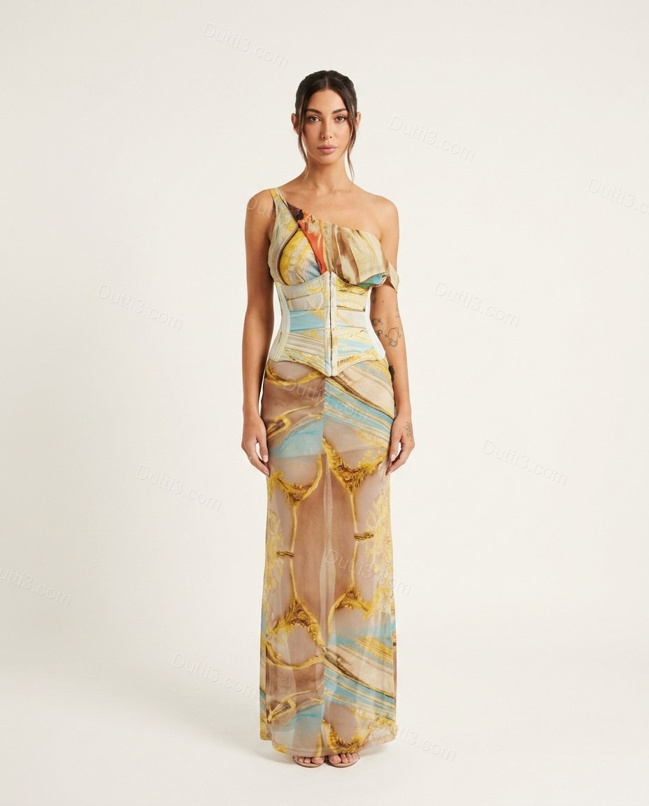 Yellow Abstract Asymmetric Lace Dress, front studio view, by Dutti3