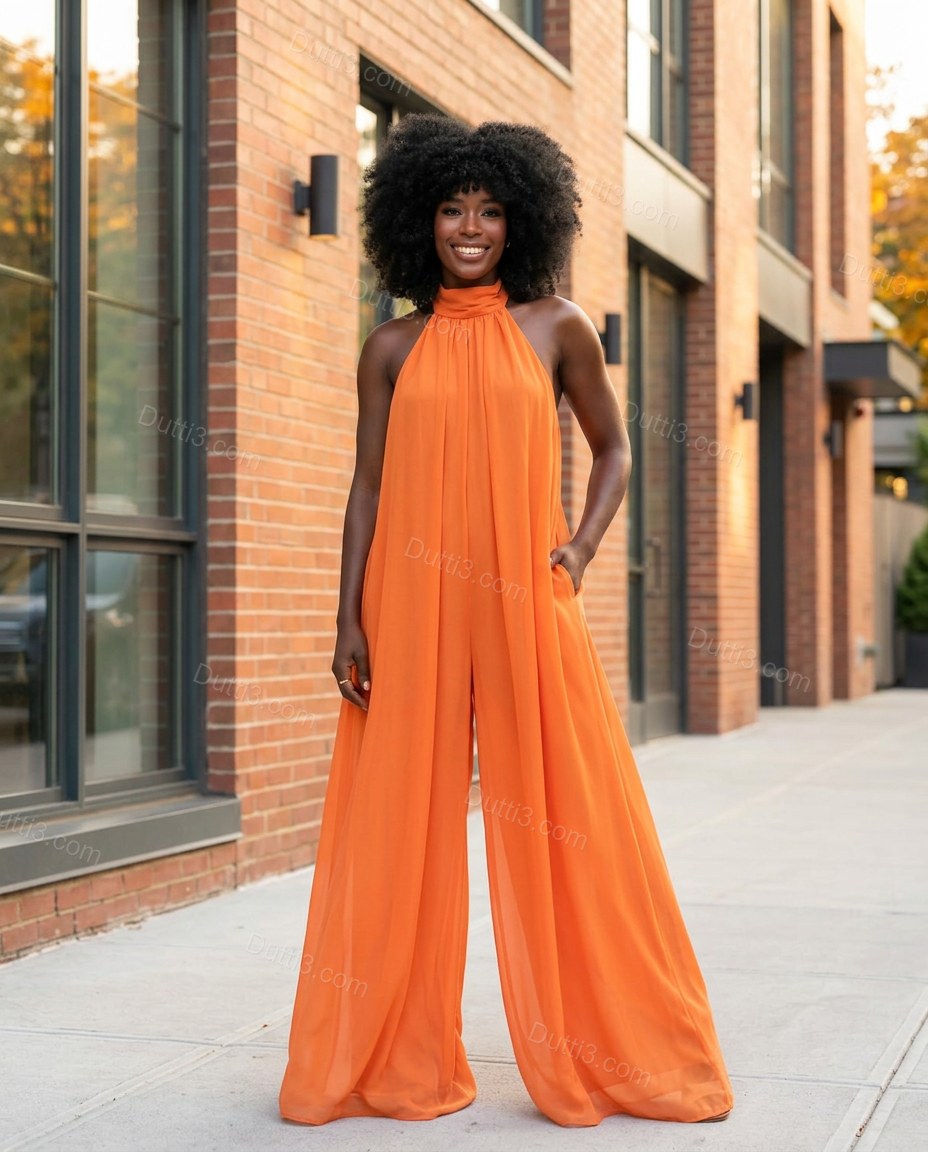 Orange Open-Back Halter Chiffon Jumpsuit, full-length hero view, by Dutti3