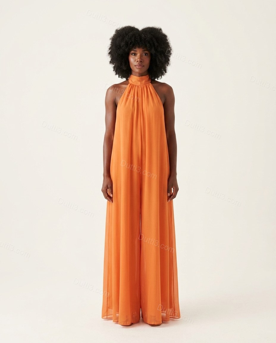 Orange Open-Back Halter Chiffon Jumpsuit, front studio view, by Dutti3