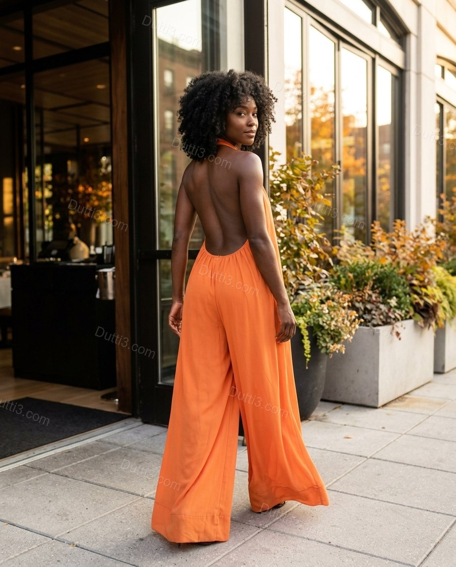 Orange Open-Back Halter Chiffon Jumpsuit, alternate use-case lifestyle view, by Dutti3