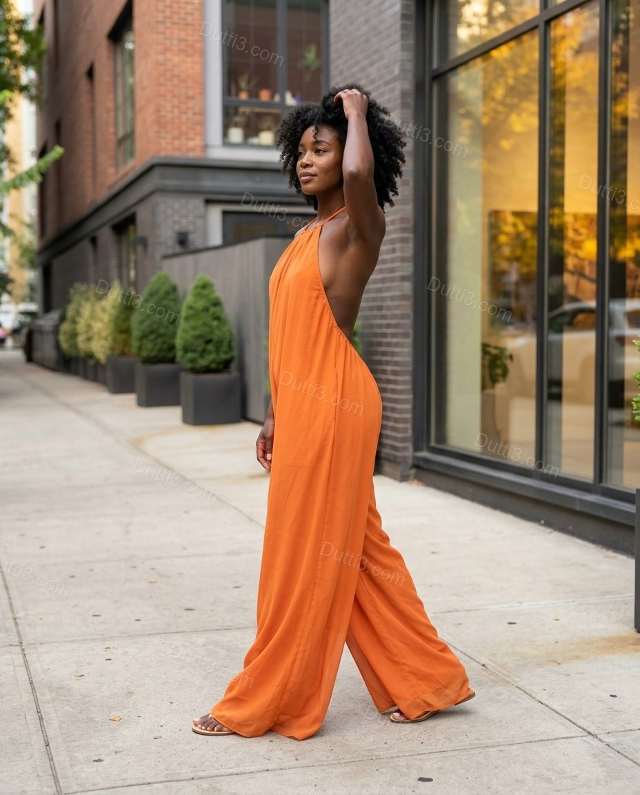Orange Open-Back Halter Chiffon Jumpsuit, walking lifestyle view, by Dutti3