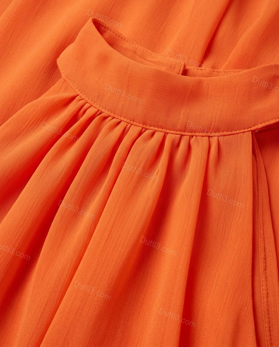 Orange Open-Back Halter Chiffon Jumpsuit, close-up of open back, halter-neck and wide-leg silhouette, by Dutti3