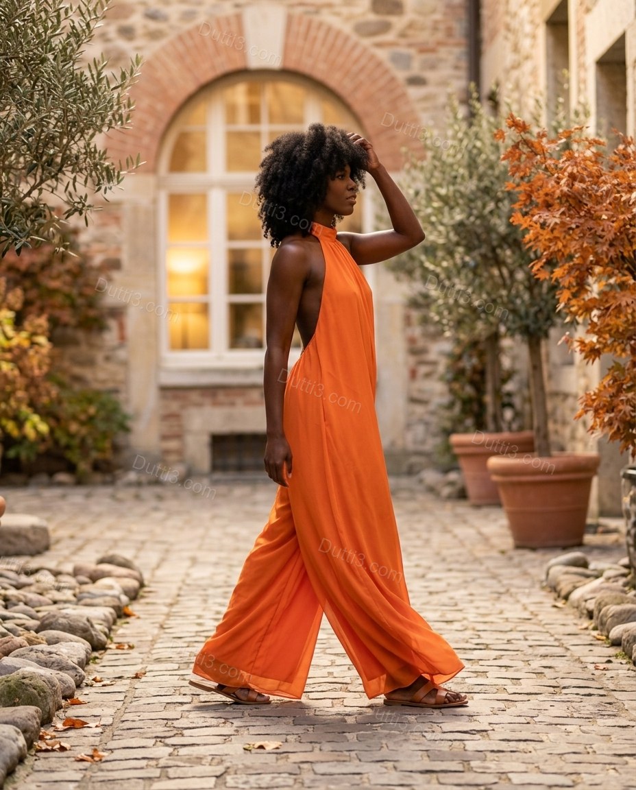 Orange Open-Back Halter Chiffon Jumpsuit, movement and fit lifestyle view, by Dutti3