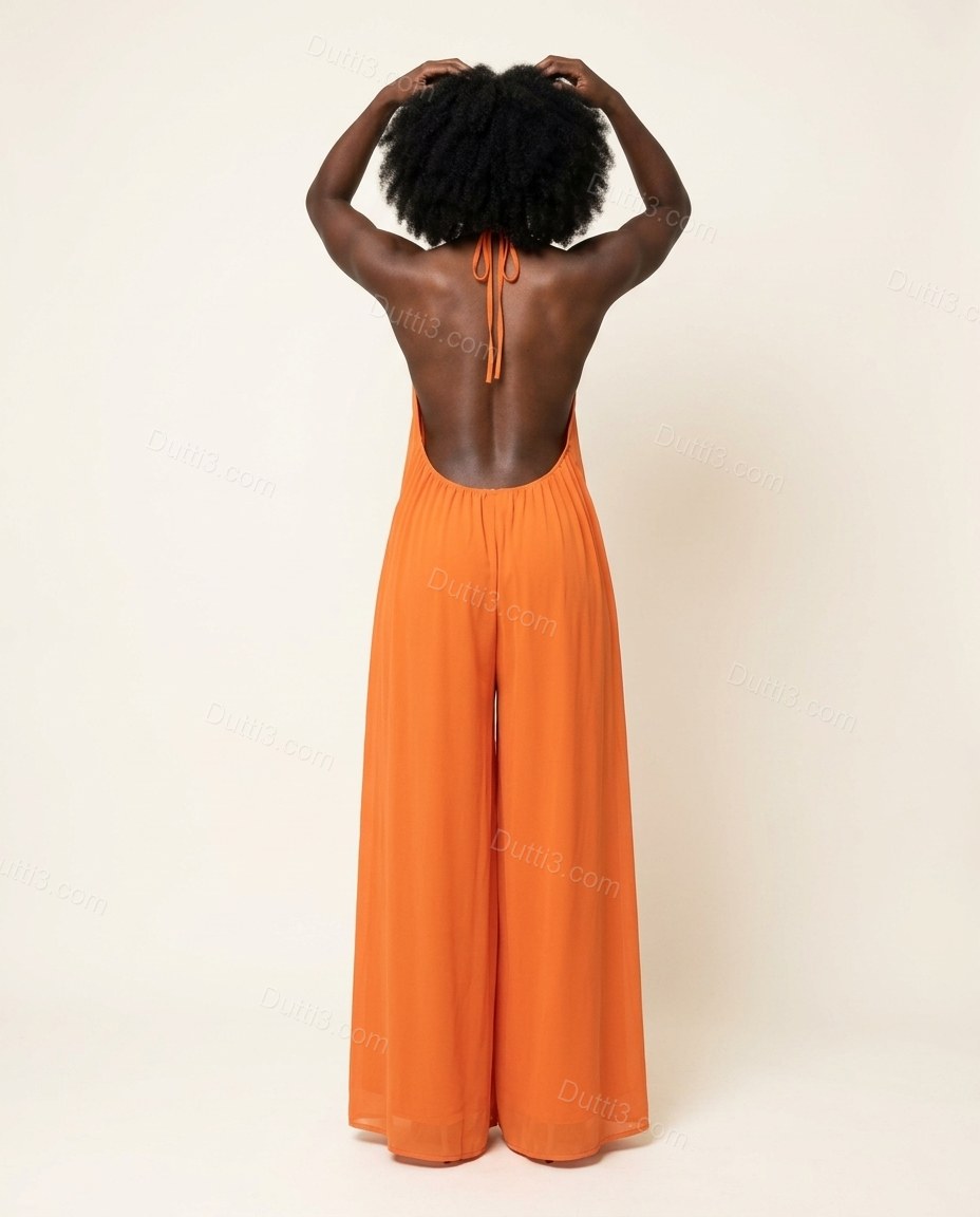 Orange Open-Back Halter Chiffon Jumpsuit, back studio view, by Dutti3