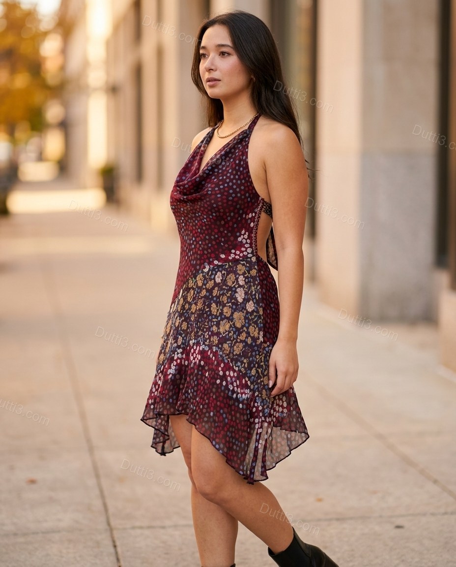 Maroon Floral Mini Open-Back Dress, alternate use-case lifestyle view, by Dutti3