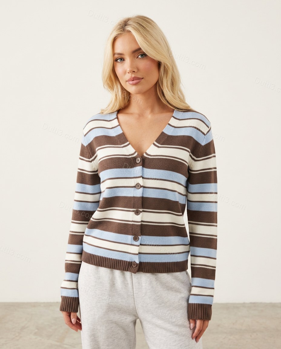 Brown Striped Knit Ribbed Cardigan, front studio view, by Dutti3