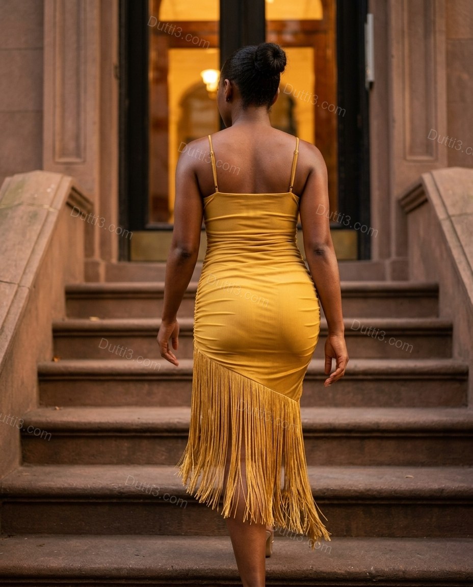 Gold Midi Fringe Dress, movement and fit lifestyle view, by Dutti3