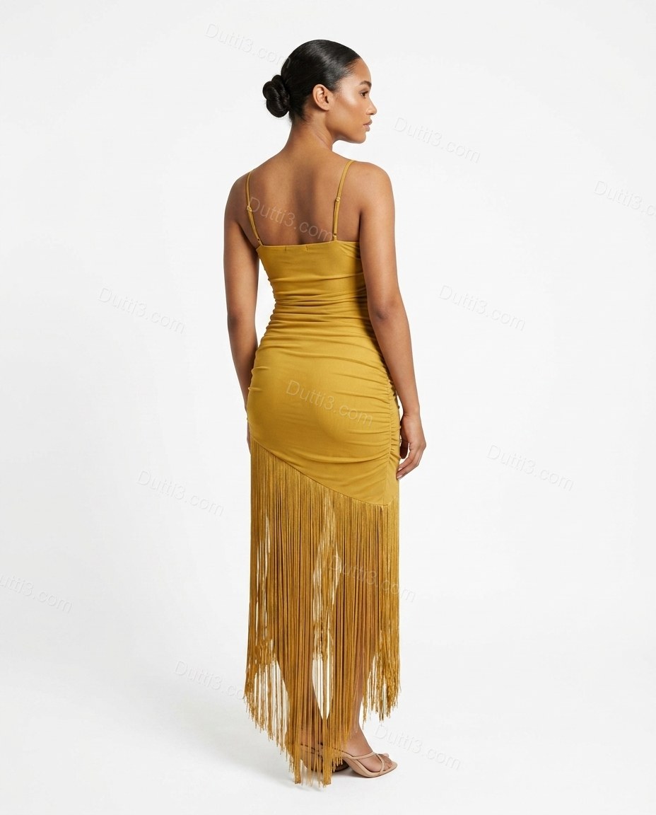 Gold Midi Fringe Dress, back studio view showing simple straight back with thin straps, by Dutti3
