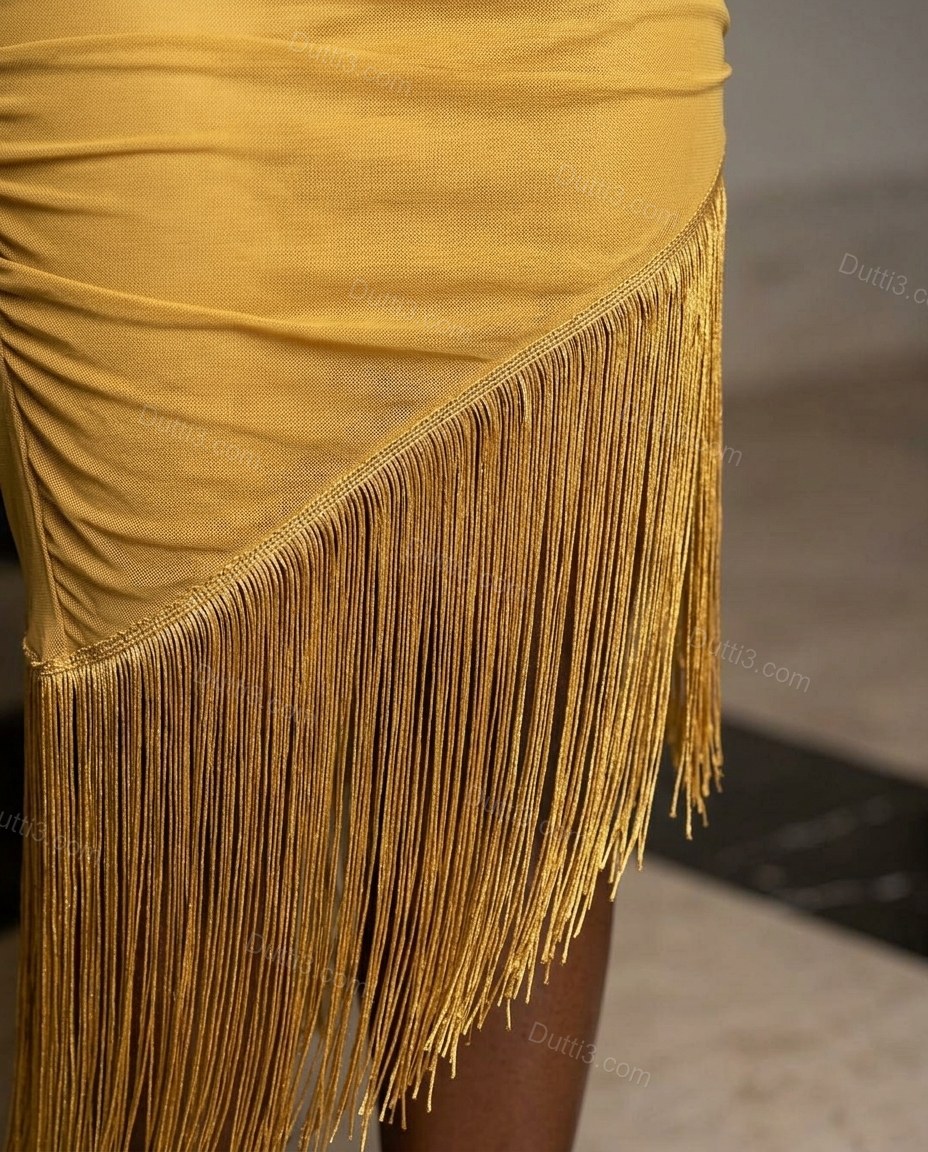 Gold Midi Fringe Dress, close-up of fringe hem, cutout and ruched, by Dutti3
