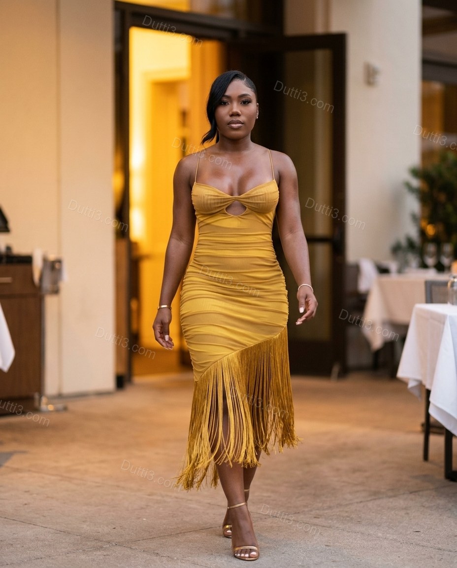 Gold Midi Fringe Dress, three-quarter brand lifestyle view, by Dutti3