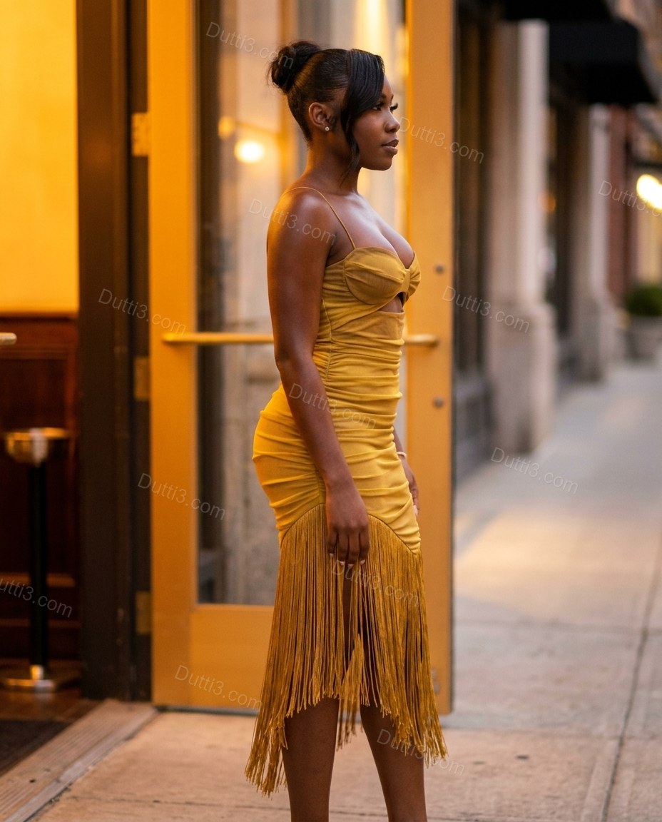 Gold Midi Fringe Dress, walking lifestyle view, by Dutti3