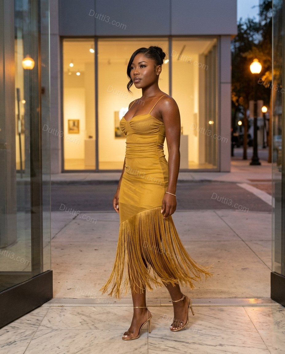 Gold Midi Fringe Dress, alternate use-case lifestyle view, by Dutti3
