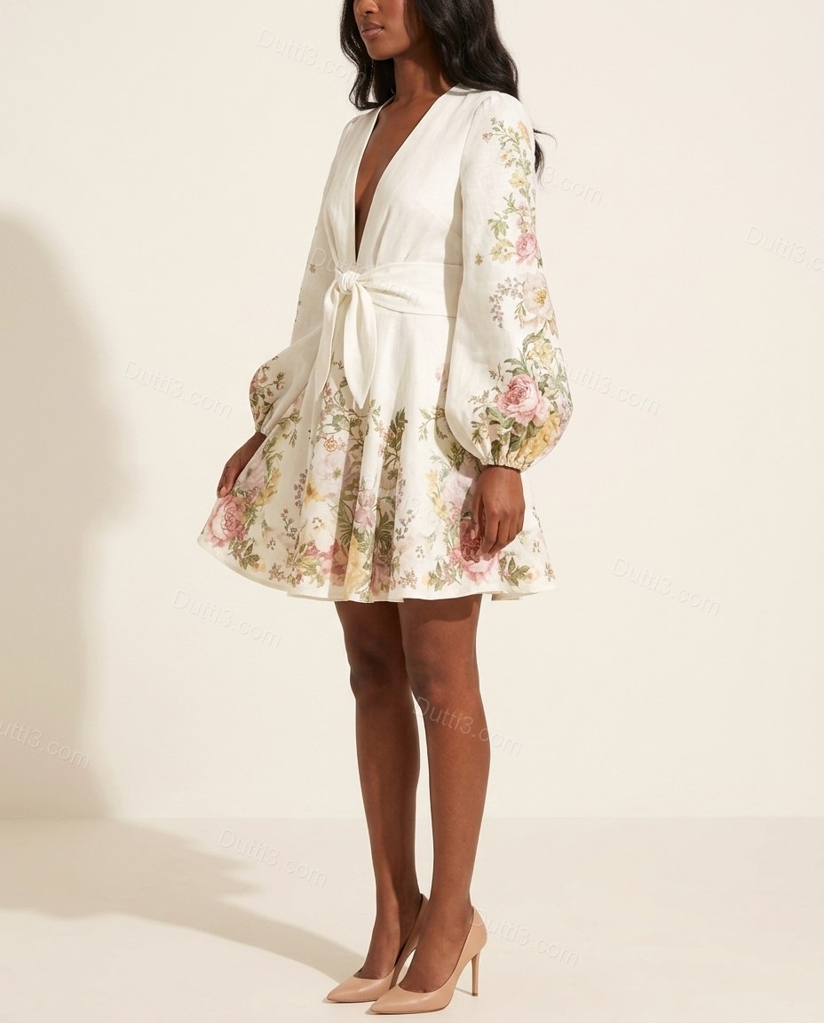 White Floral Mini Dress, side and back studio view, by Dutti3