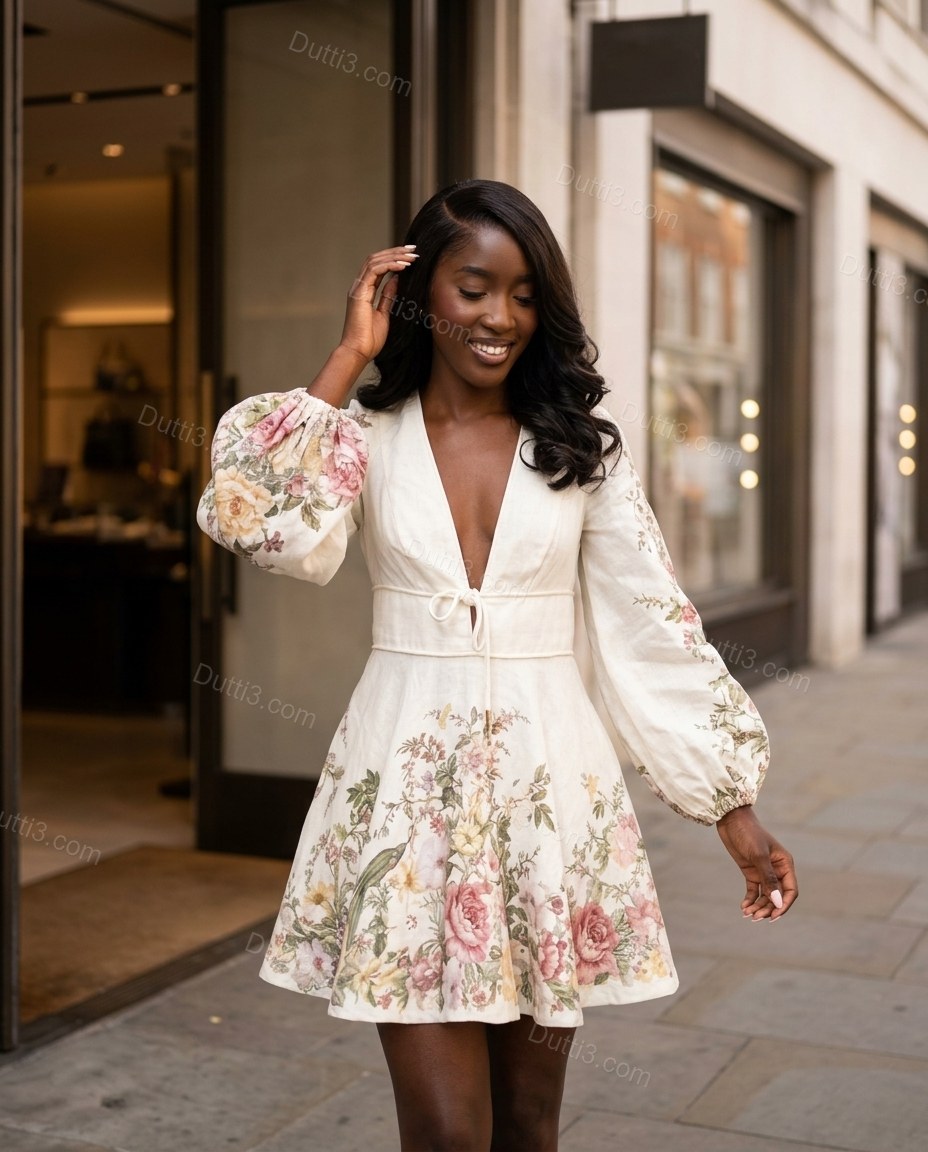 White Floral Mini Dress, movement and fit lifestyle view, by Dutti3