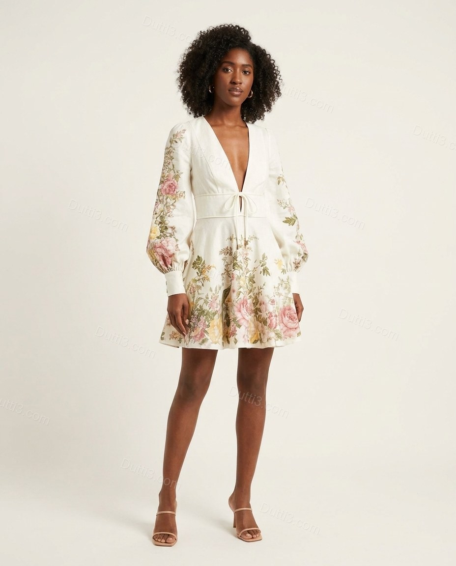White Floral Mini Dress, front studio view, by Dutti3