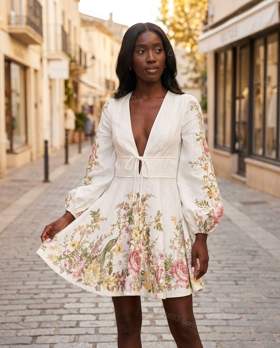 White Floral Mini Dress, three-quarter brand lifestyle view, by Dutti3