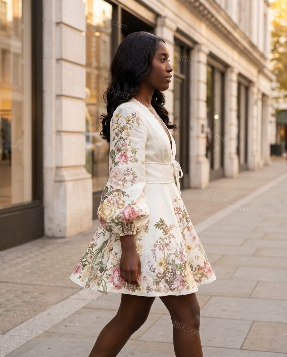 White Floral Mini Dress, walking lifestyle view, by Dutti3