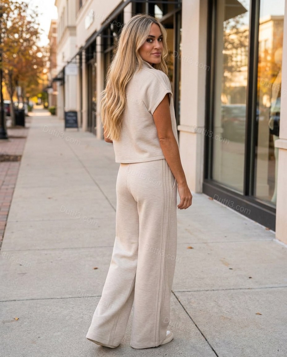 Beige Knit Top & Pants Set, movement and fit lifestyle view, by Dutti3