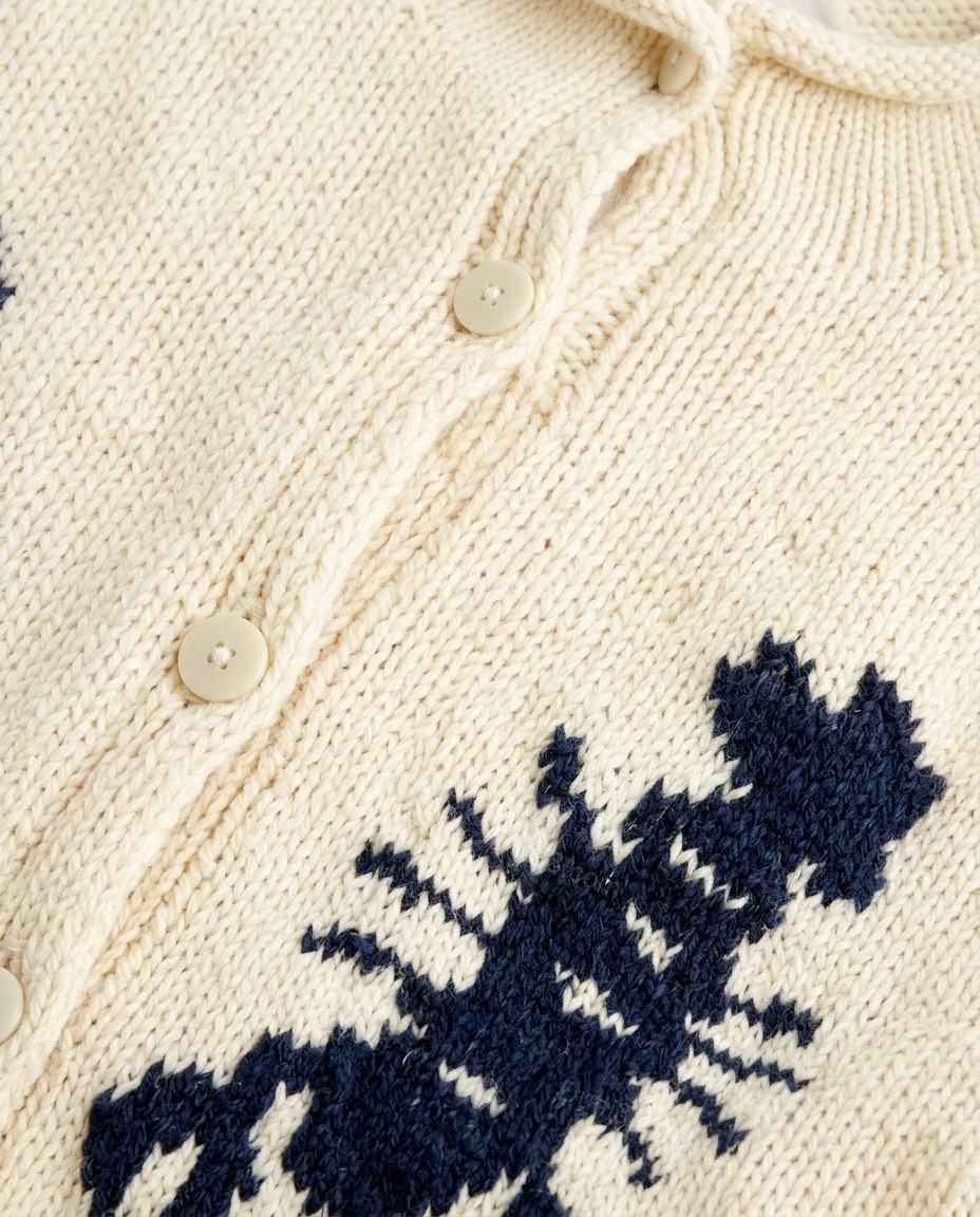 Cream Knit Ribbed Cardigan, close-up of navy blue accents, button front and ribbed cuffs, by Dutti3