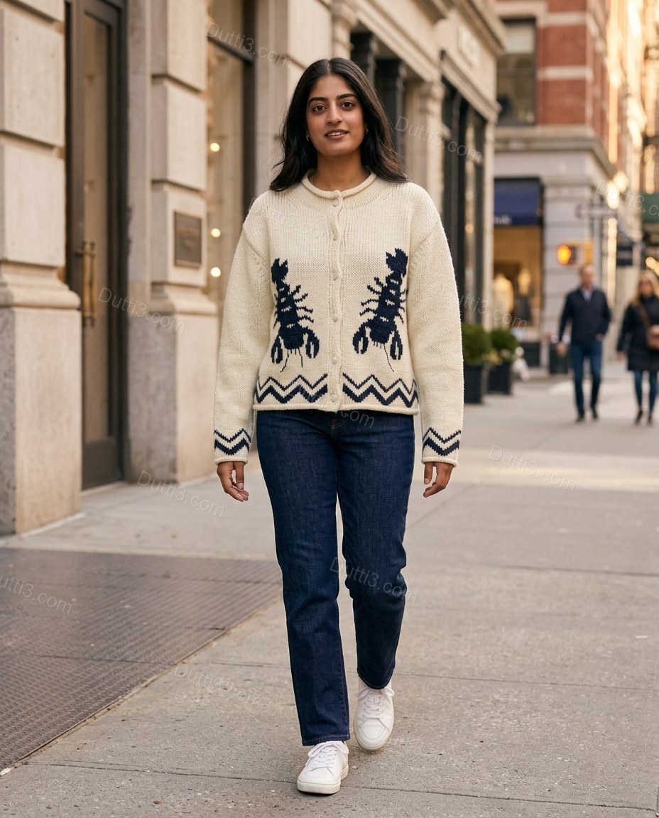 Cream Knit Ribbed Cardigan, walking lifestyle view, by Dutti3