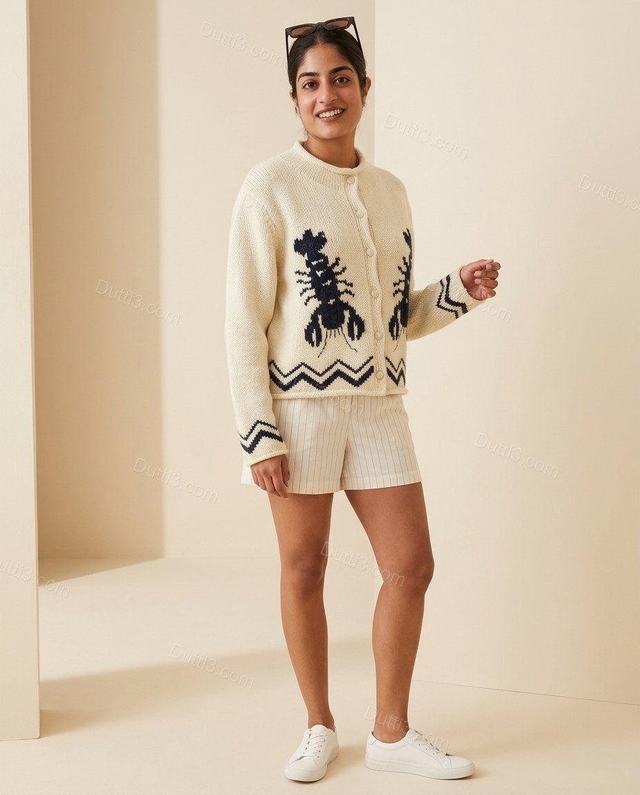 Cream Knit Ribbed Cardigan, full-length hero view, by Dutti3