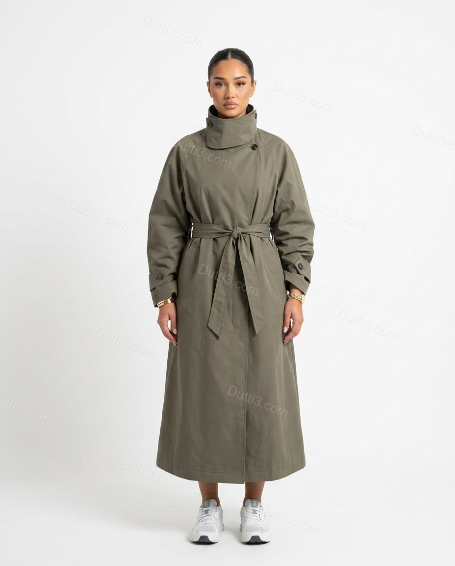 Olive Green Pleated Coat, front studio view, by Dutti3