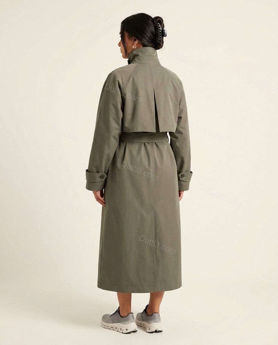 Olive Green Pleated Coat, back studio view, by Dutti3
