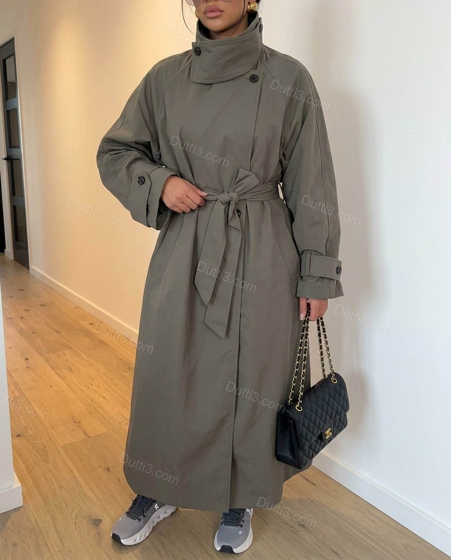 Olive Green Pleated Coat, full-length hero view, by Dutti3