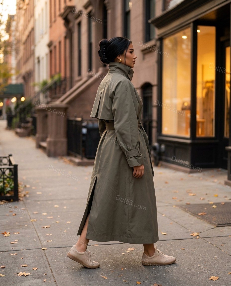 Olive Green Pleated Coat, movement and fit lifestyle view, by Dutti3