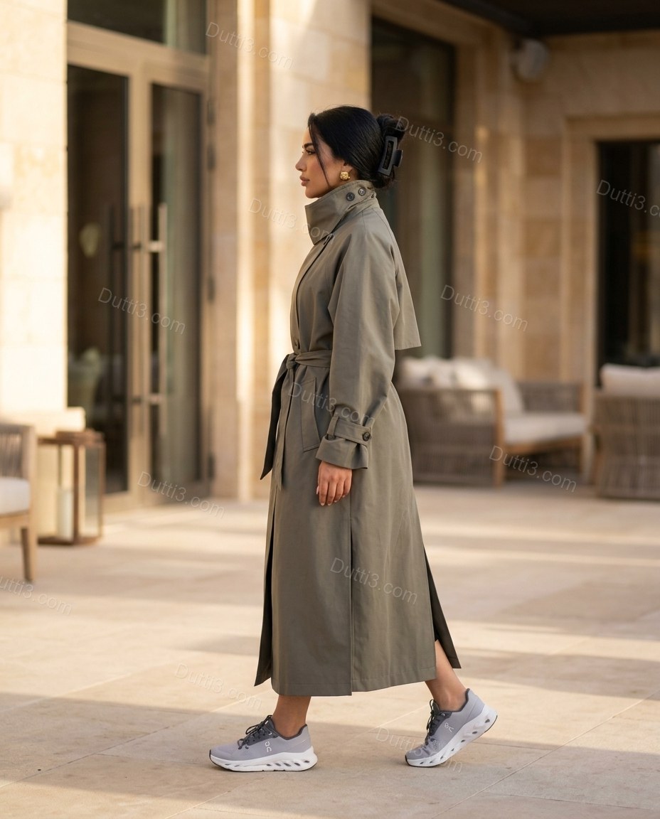 Olive Green Pleated Coat, walking lifestyle view, by Dutti3