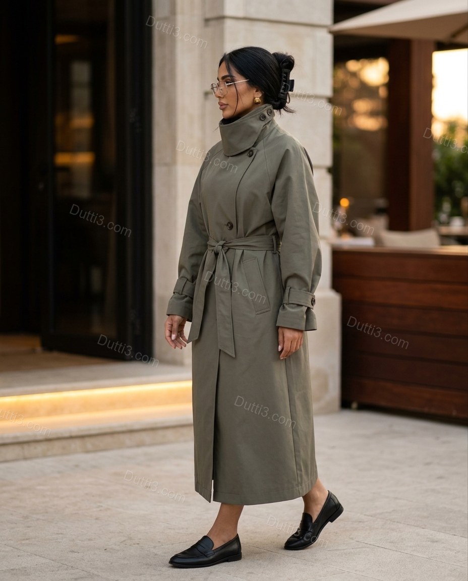 Olive Green Pleated Coat, three-quarter brand lifestyle view, by Dutti3