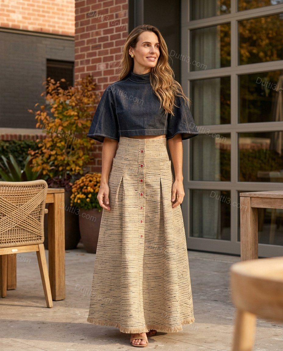 Beige Striped Maxi Pleated Skirt Set, three-quarter brand lifestyle view, by Dutti3