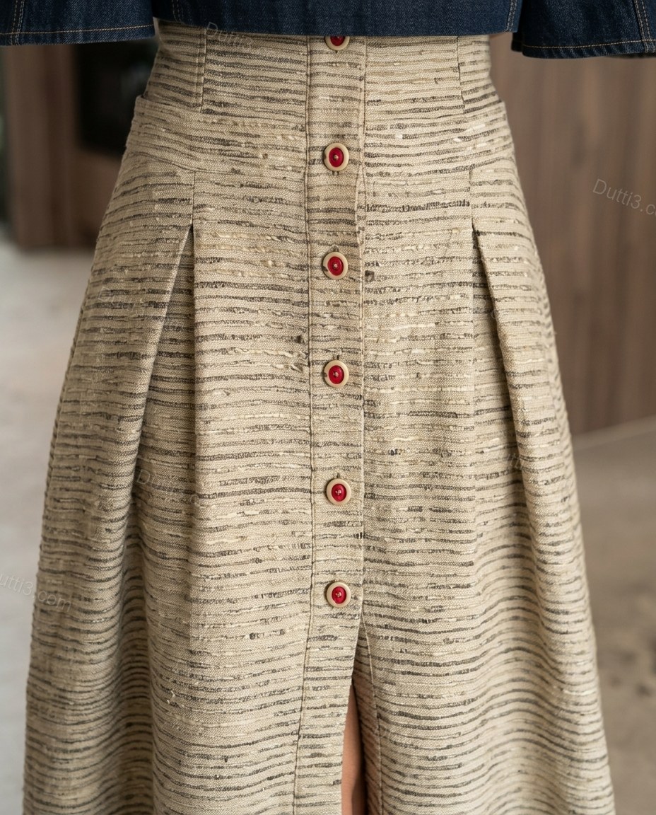 Beige Striped Maxi Pleated Skirt Set, close-up of striped, by Dutti3