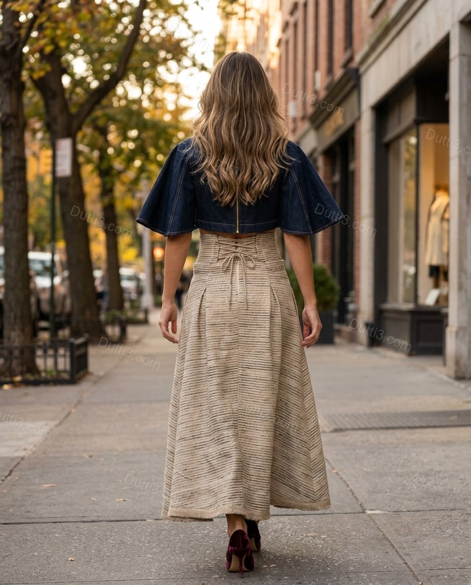 Beige Striped Maxi Pleated Skirt Set, movement and fit lifestyle view, by Dutti3