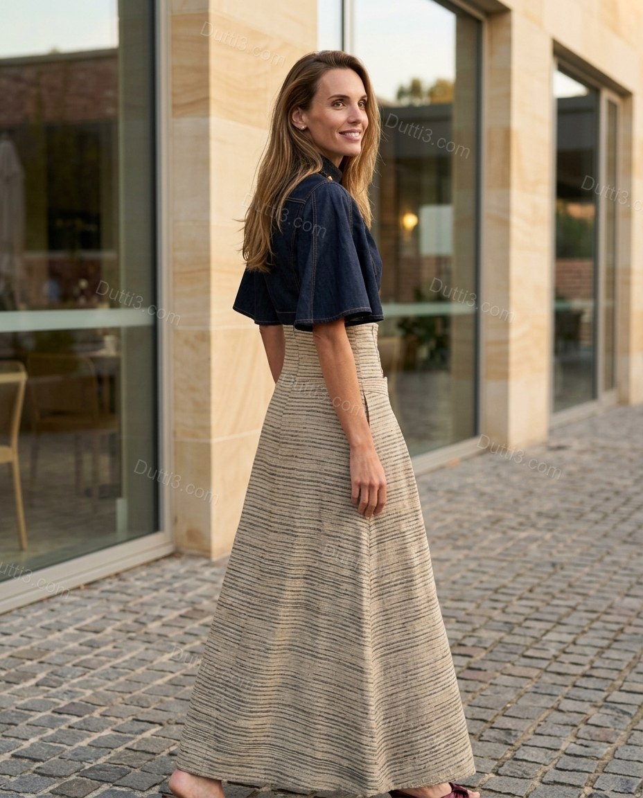 Beige Striped Maxi Pleated Skirt Set, alternate use-case lifestyle view, by Dutti3