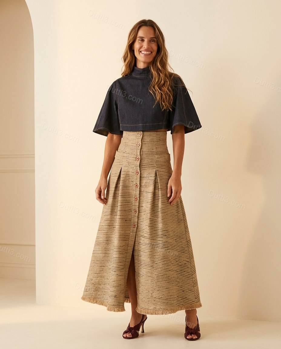 Beige Striped Maxi Pleated Skirt Set, full-length hero view, by Dutti3