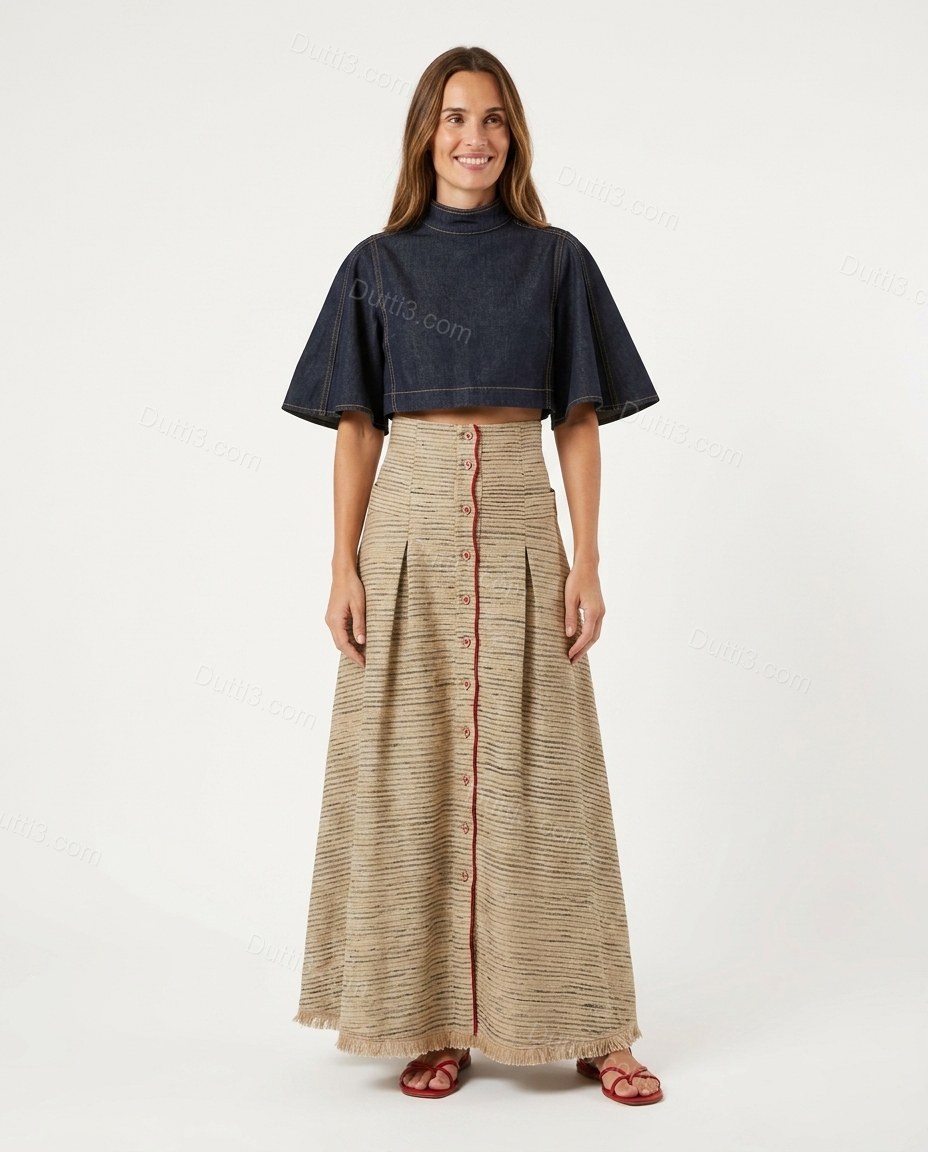 Beige Striped Maxi Pleated Skirt Set, front studio view, by Dutti3