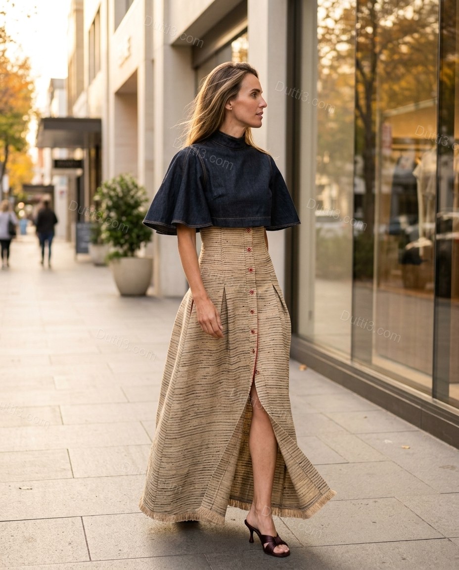 Beige Striped Maxi Pleated Skirt Set, walking lifestyle view, by Dutti3